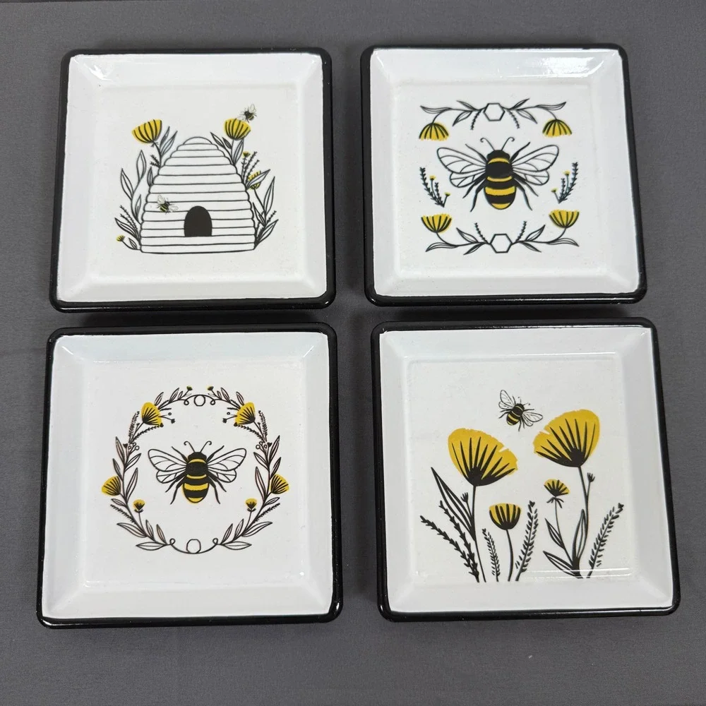 CBK Inspired Home Bee Hive Floral‎ Square Trinket Ring Dish Set of 4 Decorative